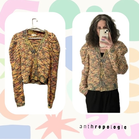 By the River colorful quilt knit puff sleeve cropped cardigan sweater - Picture 1 of 14